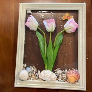 3-D SILK TULIPS AND SHELLS IN RUSTIC FRAME